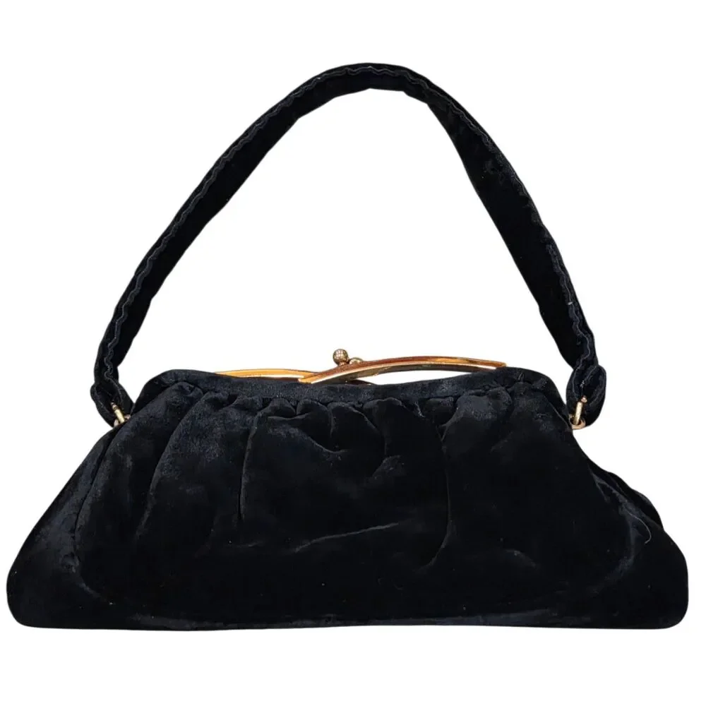 Vintage 40s/50s Whiting and Davis MCM Black Velvet Evening Handbag